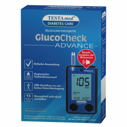 Testamed GlucoCheck Advance Blutzuckermessgerät Star.-Kit mit Sprachausgabe, mg/dl, mmol/l